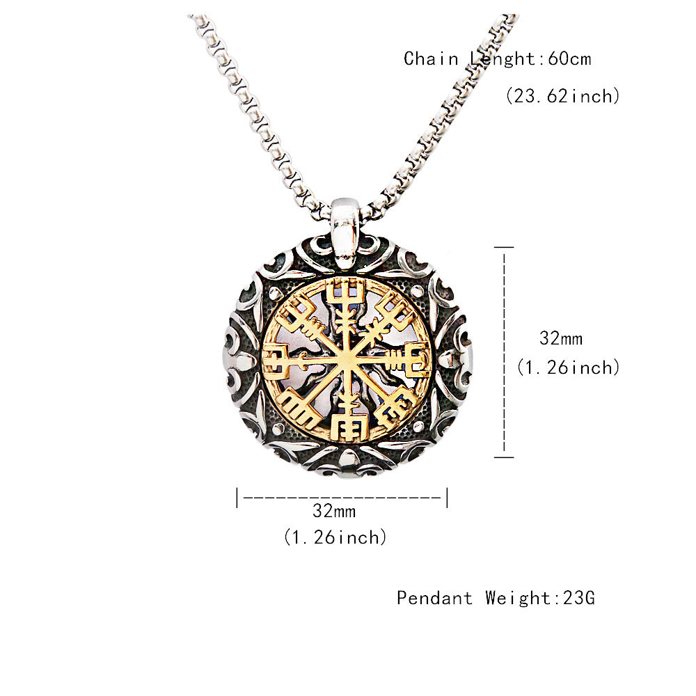 Vintage pendant hollowed out compass titanium steel men's Viking necklace
