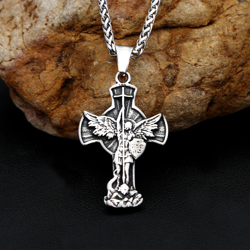 Saint Michael Archangel Cross Titanium Steel Men's Necklace
