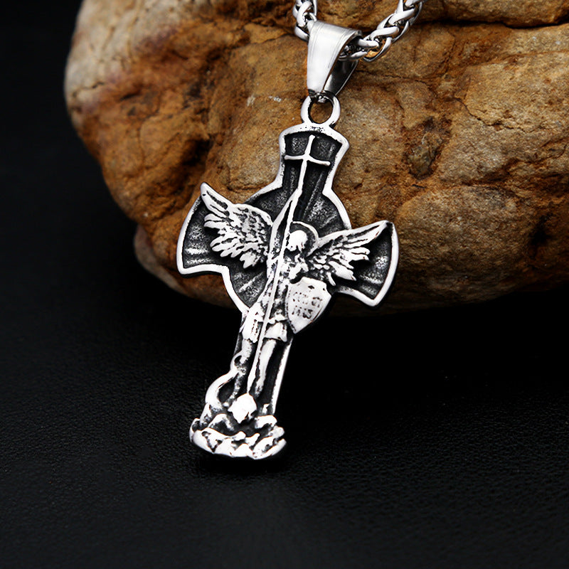 Saint Michael Archangel Cross Titanium Steel Men's Necklace