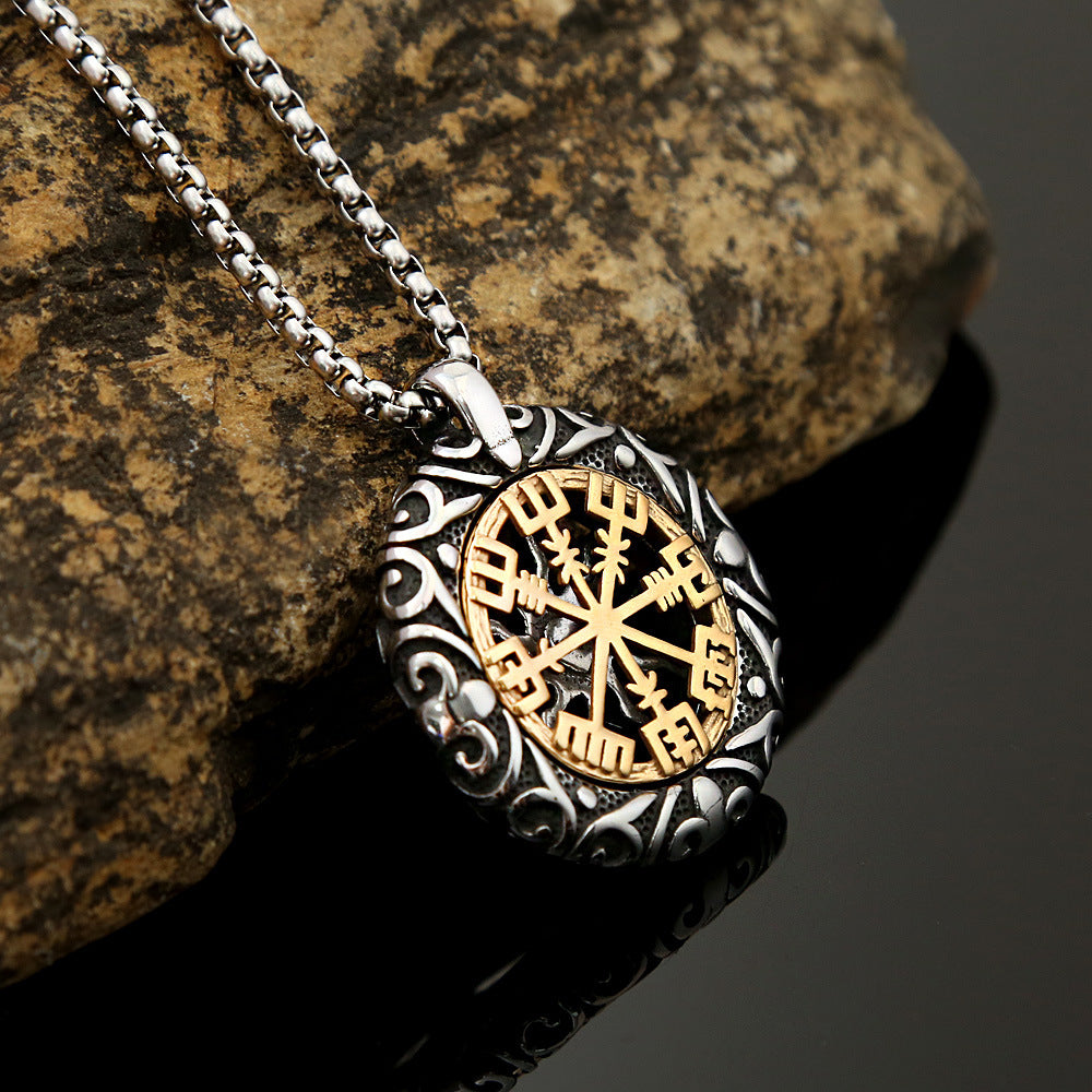 Vintage pendant hollowed out compass titanium steel men's Viking necklace