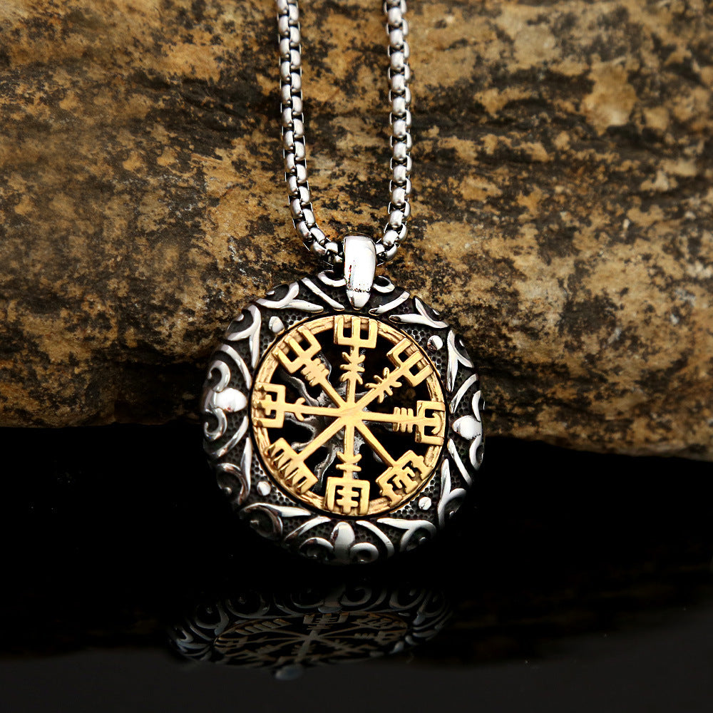 Vintage pendant hollowed out compass titanium steel men's Viking necklace