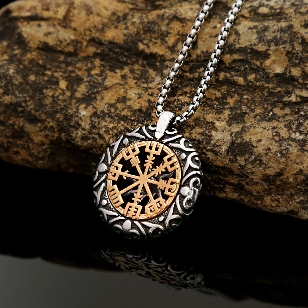 Vintage pendant hollowed out compass titanium steel men's Viking necklace