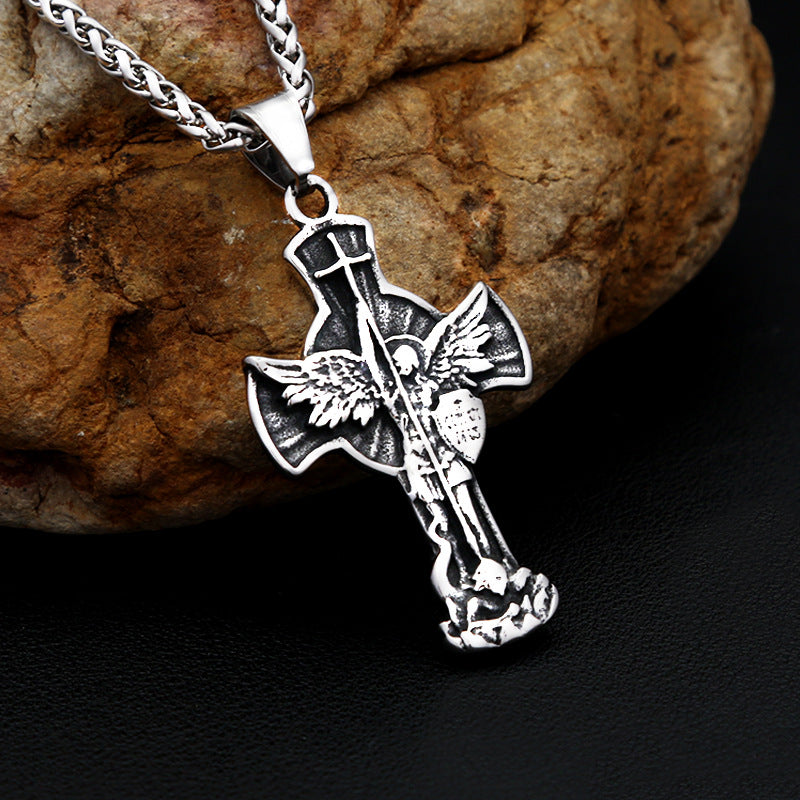 Saint Michael Archangel Cross Titanium Steel Men's Necklace