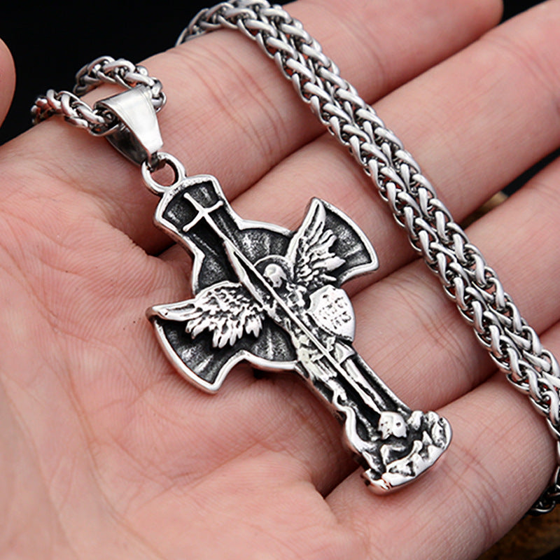 Saint Michael Archangel Cross Titanium Steel Men's Necklace