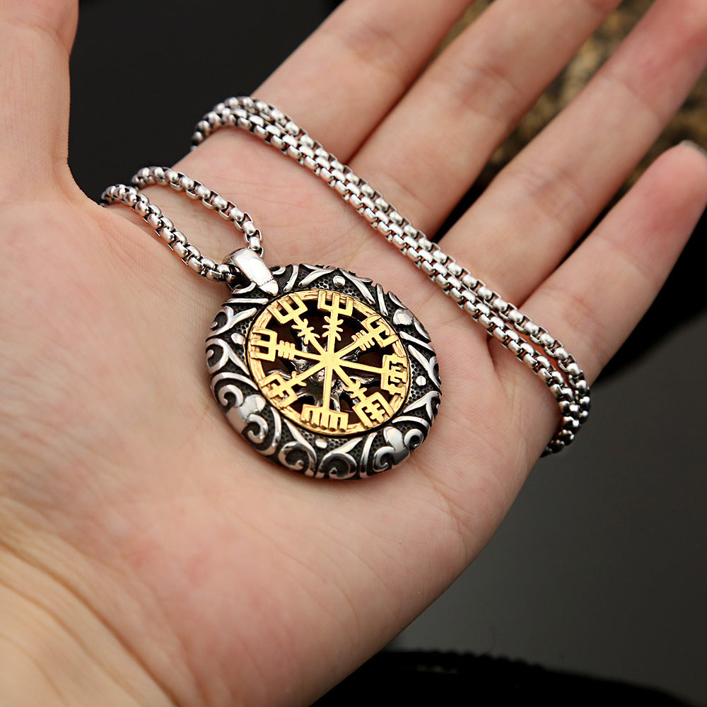 Vintage pendant hollowed out compass titanium steel men's Viking necklace
