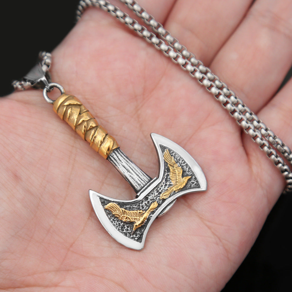 Viking Crow Axe Titanium Steel Retro Men's Necklace