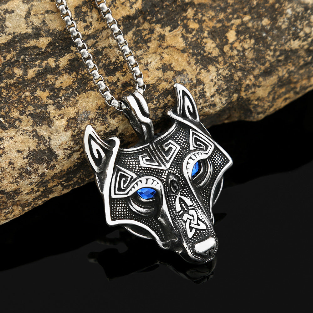 Viking Wolf Head Eyes Titanium Steel Men's Pendant Necklace