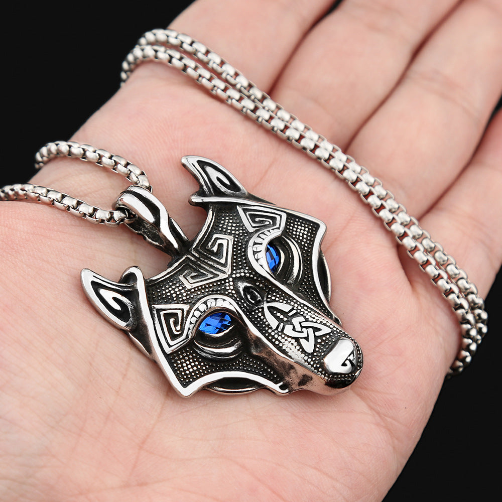 Viking Wolf Head Eyes Titanium Steel Men's Pendant Necklace