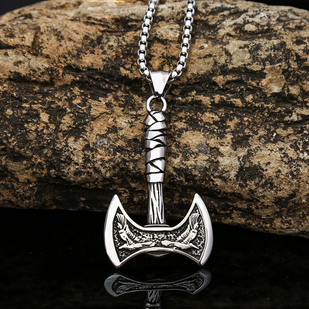 Viking Crow Axe Titanium Steel Retro Men's Necklace