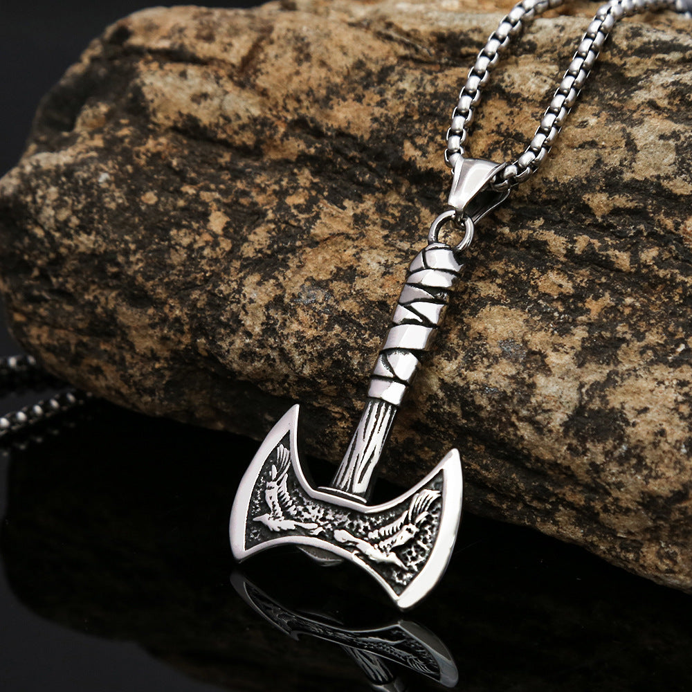 Viking Crow Axe Titanium Steel Retro Men's Necklace