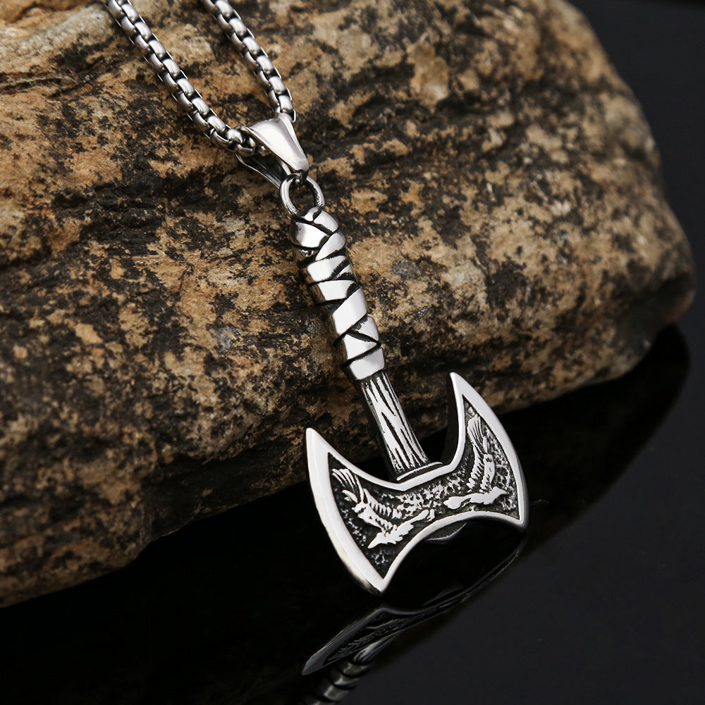Viking Crow Axe Titanium Steel Retro Men's Necklace