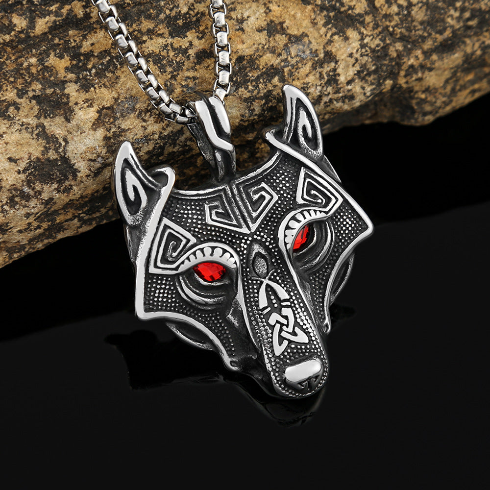 Viking Wolf Head Eyes Titanium Steel Men's Pendant Necklace
